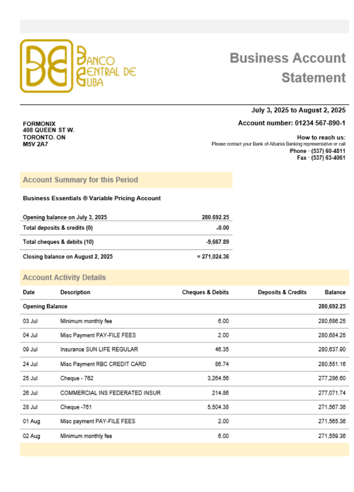 Relevé de compte de l'entreprise bancaire cubaine de la Banco Central de Cuba Format Word et PDF